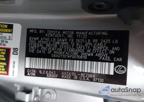 2023 Lexus Es 250 z USA, uszkodzony, nr VIN 58AD11D14PU010819